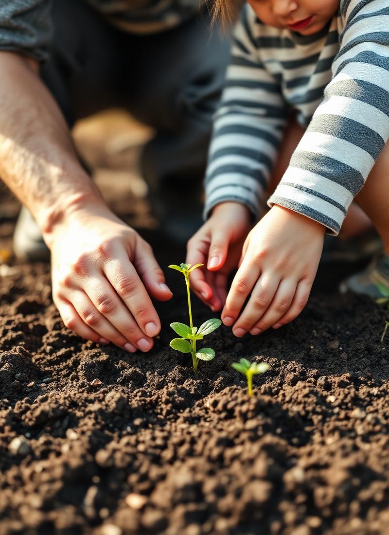 A parent and child planting seedlings together in the family greenhouse