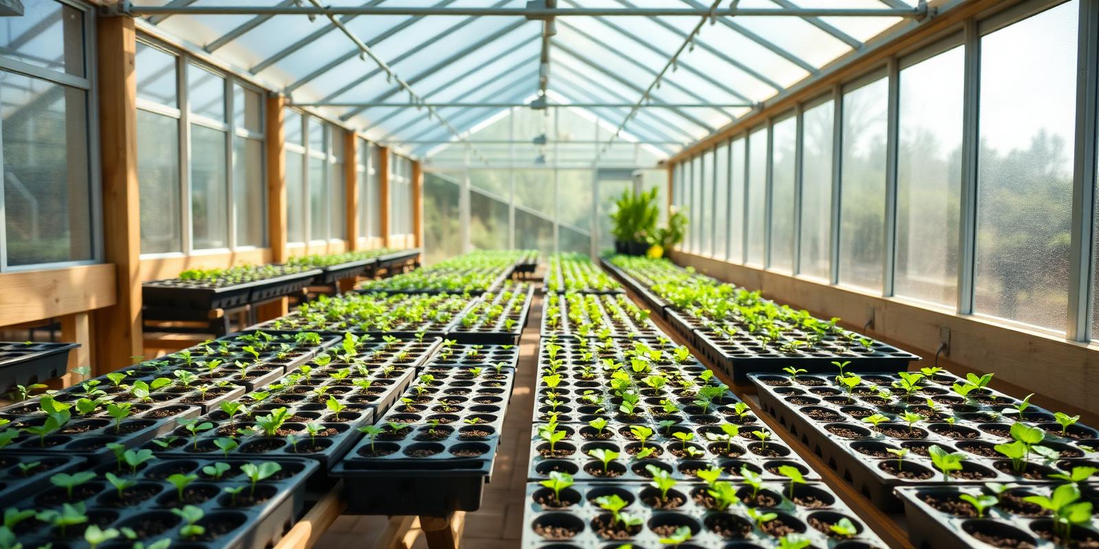 Inside our family greenhouse with rows of young seedlings catching morning sunlight